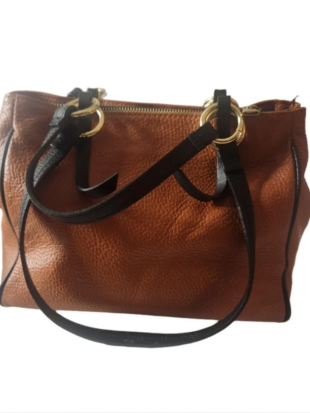 Valentina Tan Leather Shoulder Bag with Black Straps and Gold Hardware